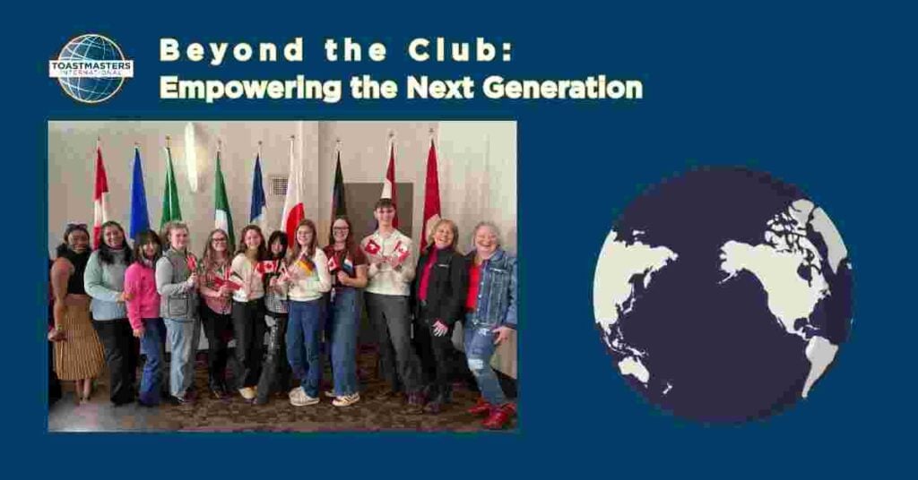 Rotatary Exchange Students and Toastmasters facilitators with national flags